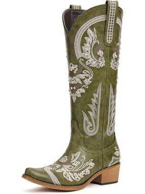 Women's Green Embroidered Rhinestones Knee High Cowgirl Boots Pointed Toe